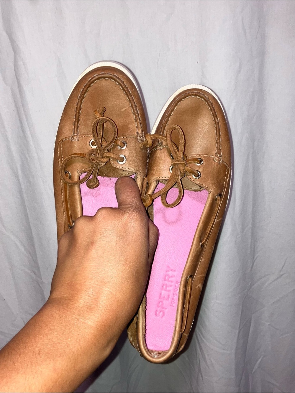 Sperry Women's Tan Leather Boat Shoes with Pink Insole